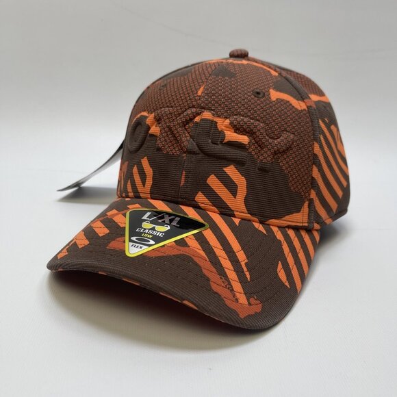Oakley Stretch Fit Hat L/XL Orange Camo 6-Panel Cap 912208 Men’s Embossed Logo - Picture 1 of 11